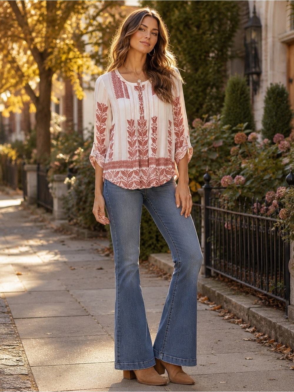 Daniel Rainn Boho Blouse Medium Rust Ivory Pintuck 3/4 Sleeve Top